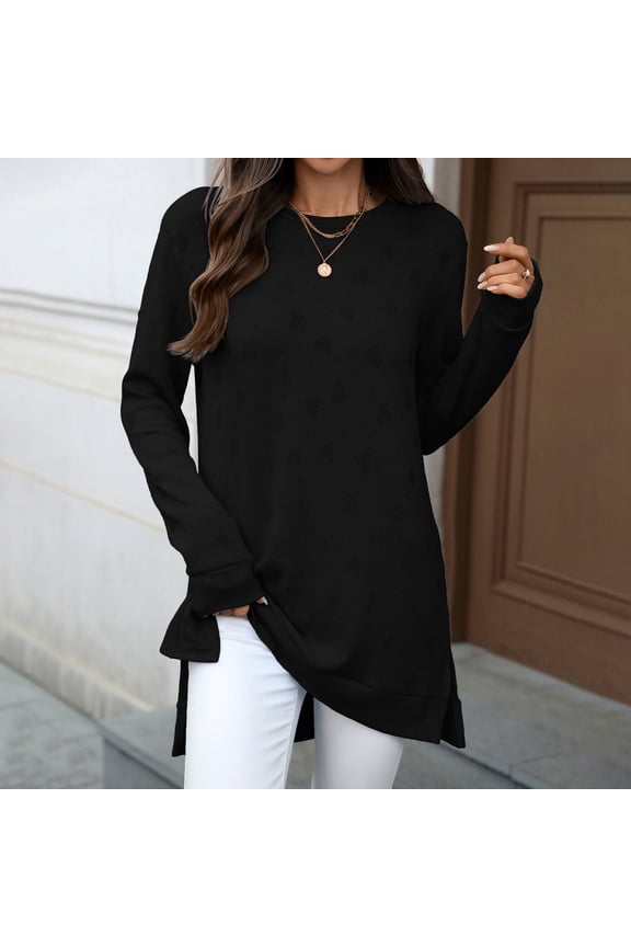 Womens T-shirts Long Sleeve Crewneck Solid Color Tee Side Slit Loose Summer Tops Black XXL