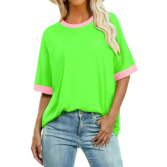Womens T-shirts Loose Fit Short Sleeve Tees Crew Neck Color Block Summer Tops Fashion