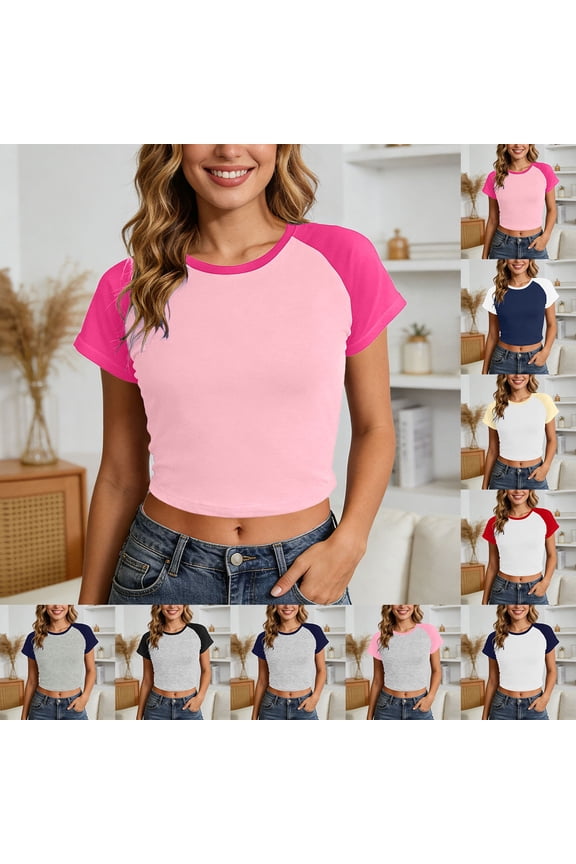 Womens T-shirts Short Sleeve Crewneck Tees Color Block Crop Top Stylish Base Layer Casual Summer Tops Black M