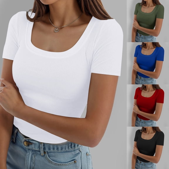 Womens T-shirts Short Sleeve Crewneck Tops Solid Color Slim Fit Casual Summer Basic Essential Tees Black XXXL