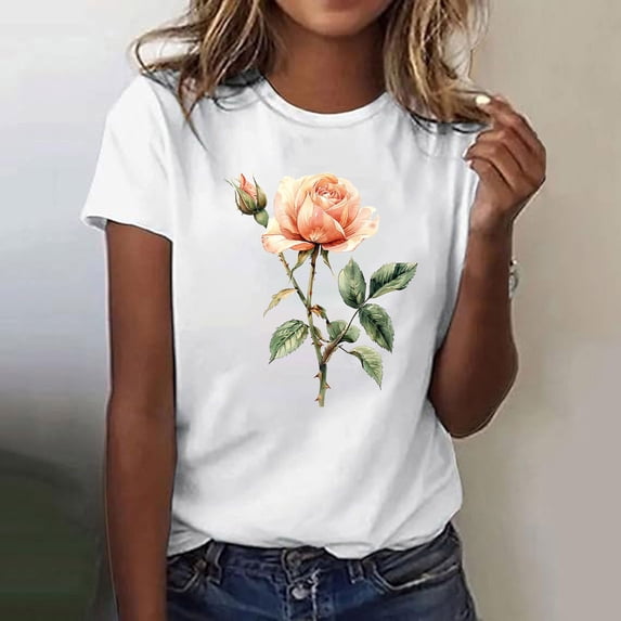 Womens T-shirts Short Sleeve Round Neck Floral Print T-shirt Multicolor XXL