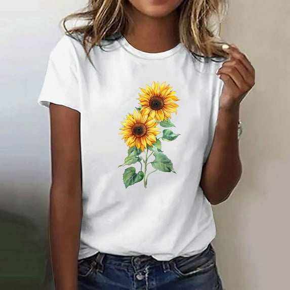 Womens T-shirts Short Sleeve Round Neck Floral Print T-shirt Multicolor XXL
