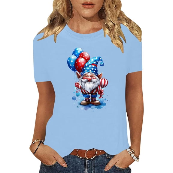 Womens T-shirts Short Sleeve Round Neck Independence Day Casual Printed T-Shirt Blue XXL