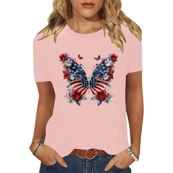 Womens T-shirts Short Sleeve Round Neck Independence Day Casual Printed T-Shirt Pink XXXL