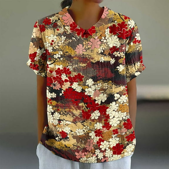 Womens T-shirts Short Sleeve Round Neck Printing Casual Cropped Loose Shirt Multicolor XXL