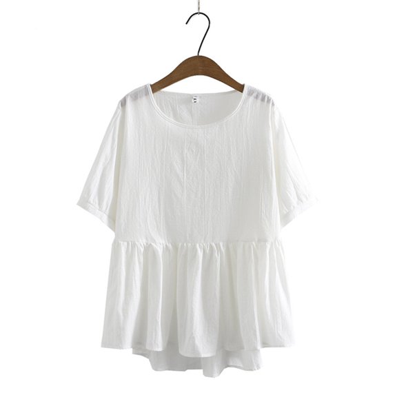 Womens T-shirts Short Sleeve Round Neck Solid Color Pleats T-shirt White XXXL