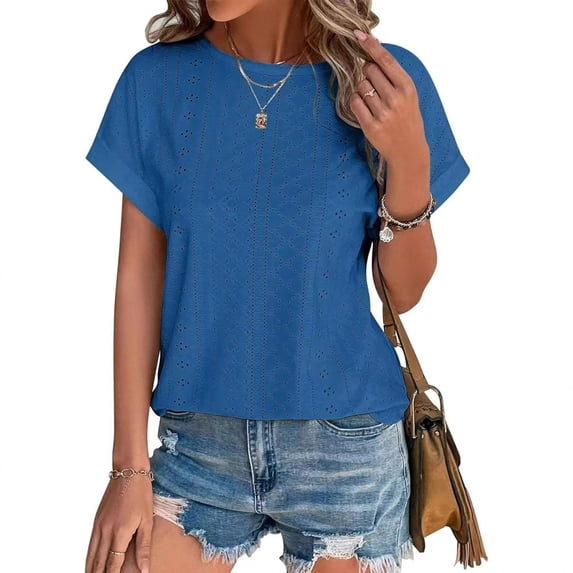 Womens T-shirts Short Sleeve Round-Neck Solid Summer Casual Blouse Blue XXL