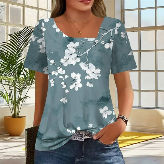 Womens T-shirts Short Sleeve Square Collar Printed Button Casual Tops Gray XXXL