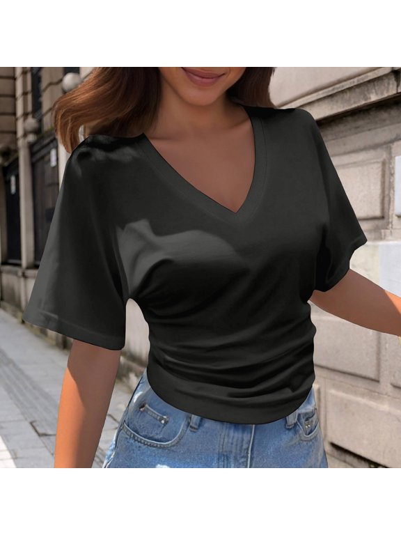 Womens T-shirts Short Sleeve V Neck Solid Color Tee Minimalist Loose Summer Casual Tops Black L