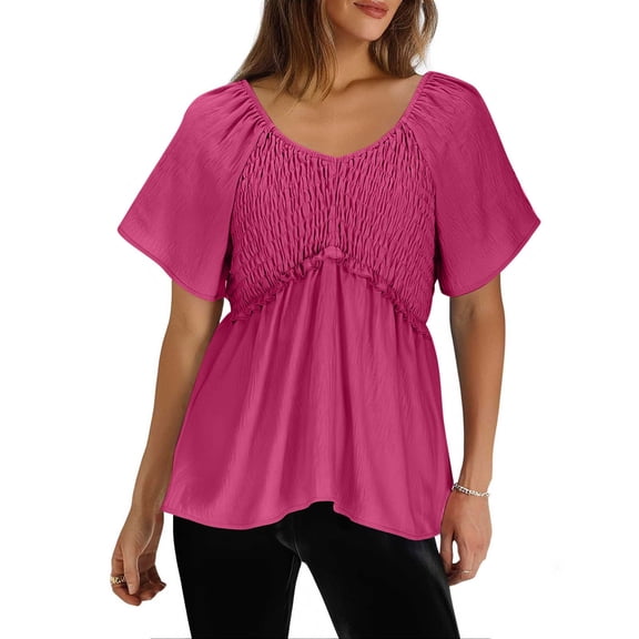 Womens T-shirts Short Sleeve V-Neck Summer Casual Hide Belly Tunic Blouses Hot Pink XXL