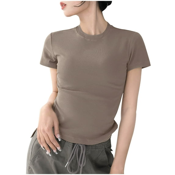 Womens T-shirts Short Sleeved Round Neck Solid Color Shoulder T-shirt Coffee XXL