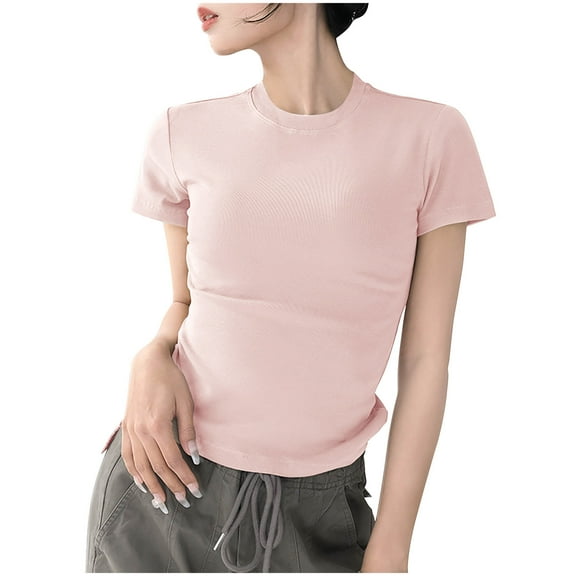 Womens T-shirts Short Sleeved Round Neck Solid Color Shoulder T-shirt Pink XXL