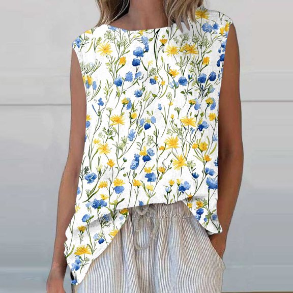 Womens T-shirts Sleeveless Round Neck Floral Printed Casual Tank Top Light Blue XXL