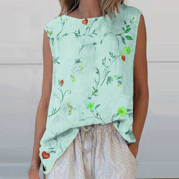 Womens T-shirts Sleeveless Round Neck Floral Printed Casual Tank Top Mint Green XXXL