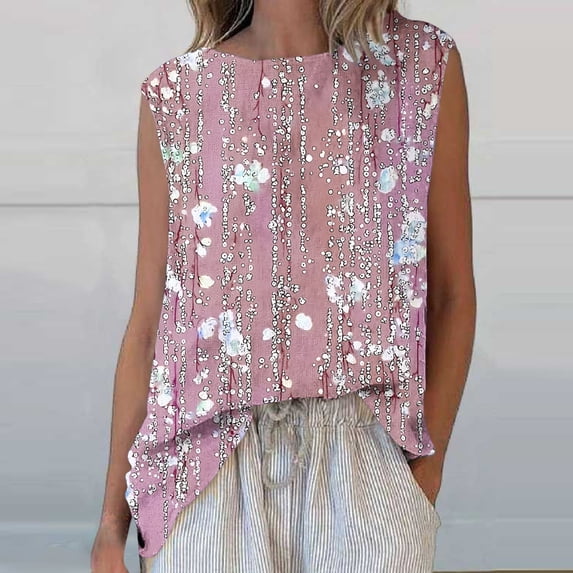 Womens T-shirts Sleeveless Round Neck Floral Printed Casual Tank Top Pink XXL