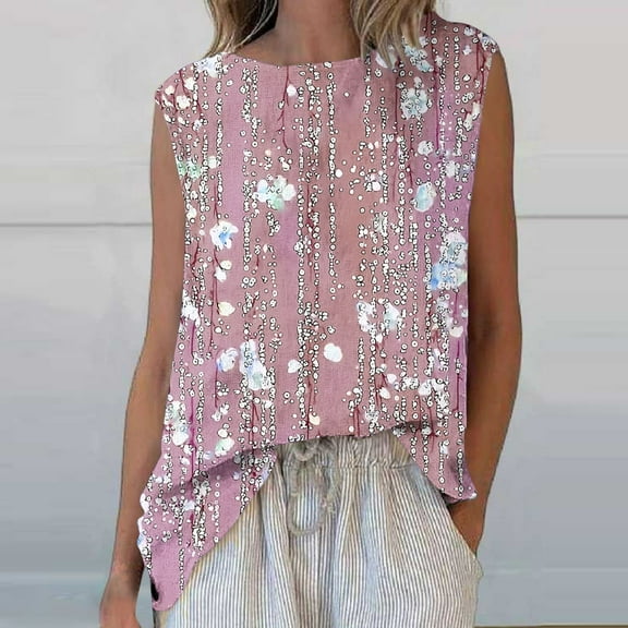 Womens T-shirts Sleeveless Round Neck Floral Printed Casual Tank Top Pink XXXL
