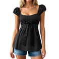 thumbnail image 1 of Womens T-shirts Square Neck Short Sleeve For Slim Fit Button Tee Summer Bowknot Solid Color Shirts Casual Tunic Tops, 1 of 4