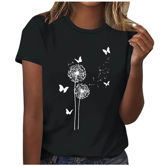 Womens T-shirts Summer Breathable Solid Color Top Short Sleeve V-Neck Shirts Casual Loose Blouses Fashion Dandelion Print Shirt Pullover Tops Black XXL