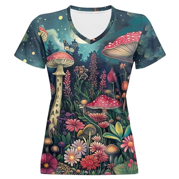 Womens T shirts V Neck Short Sleeve Mushroom Floral Print Summer Tops