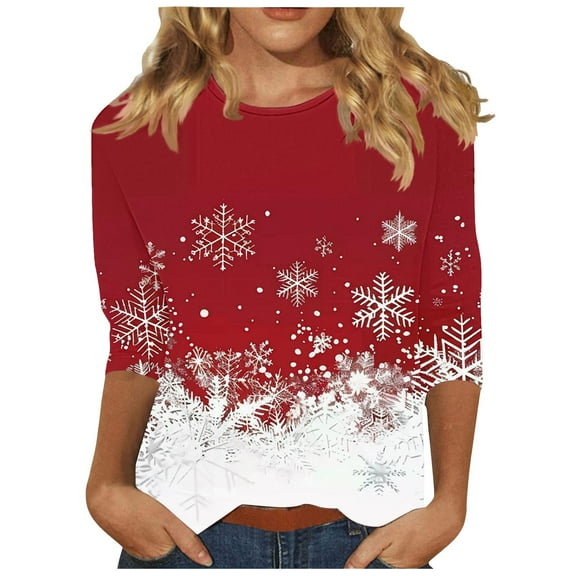 Womens T-shirts Xmas Tree Print Christmas Shirts 3/4 Sleeve Tops Crew Neck Casual Fashion Holiday Graphic Tees (XL, Red 02)