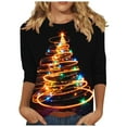 thumbnail image 1 of Womens T-shirts Xmas Tree Print Christmas Shirts 3/4 Sleeve Tops Round Neck Casual Trendy Holiday Graphic Tees (L, Black 01), 1 of 5