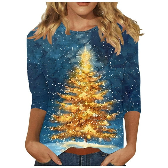 Womens T-shirts Xmas Tree Print Christmas Shirts 3/4 Sleeve Tops Round Neck Casual Trendy Holiday Graphic Tees (L, Navy 01)