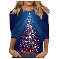 thumbnail image 1 of Womens T-shirts Xmas Tree Print Christmas Shirts 3/4 Sleeve Tops Round Neck Casual Trendy Holiday Graphic Tees (L, Navy), 1 of 5