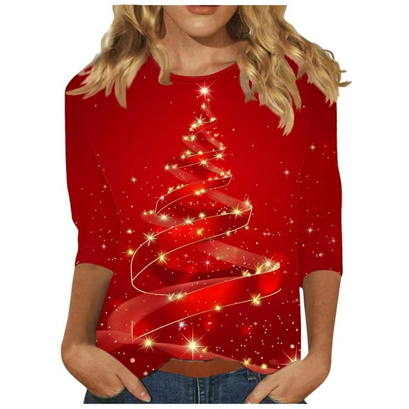 Womens T-shirts Xmas Tree Print Christmas Shirts 3/4 Sleeve Tops Round Neck Casual Trendy Holiday Graphic Tees (L, Red 03)