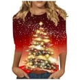 thumbnail image 1 of Womens T-shirts Xmas Tree Print Christmas Shirts 3/4 Sleeve Tops Round Neck Casual Trendy Holiday Graphic Tees (L, Red), 1 of 5