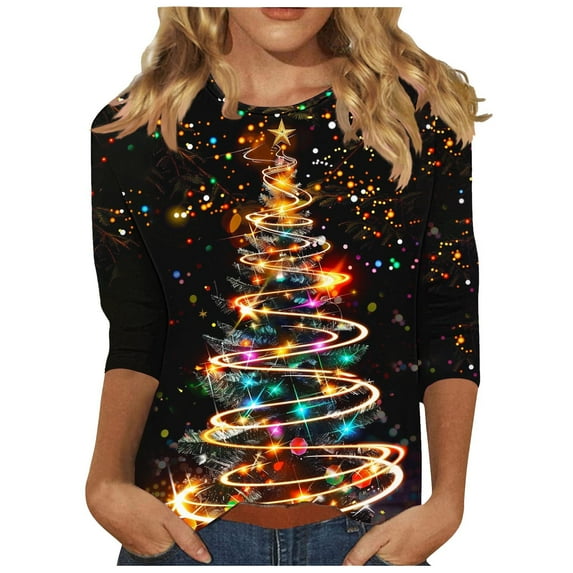 Womens T-shirts Xmas Tree Print Christmas Shirts 3/4 Sleeve Tops Round Neck Casual Trendy Holiday Graphic Tees (M, Black)