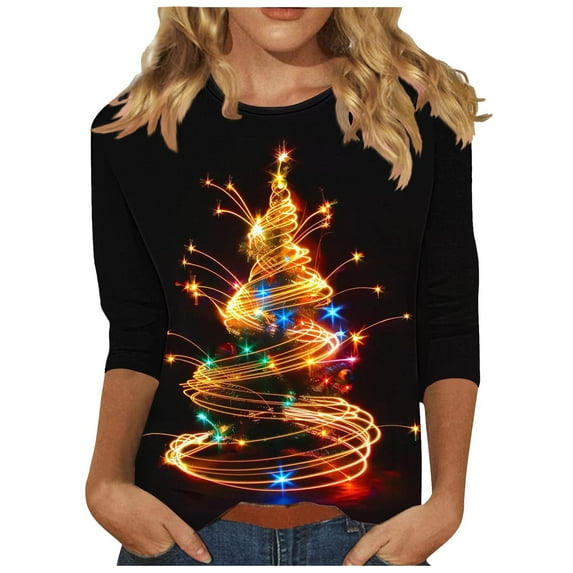 Womens T-shirts Xmas Tree Print Christmas Shirts 3/4 Sleeve Tops Round Neck Casual Trendy Holiday Graphic Tees (XL, Black 02)