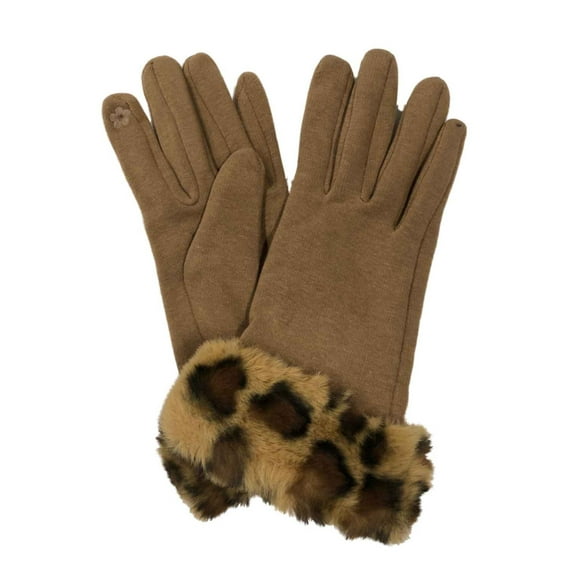 Womens Tan & Faux Fur Leopard Print Stretch Fit Text & Tech Touchscreen Gloves