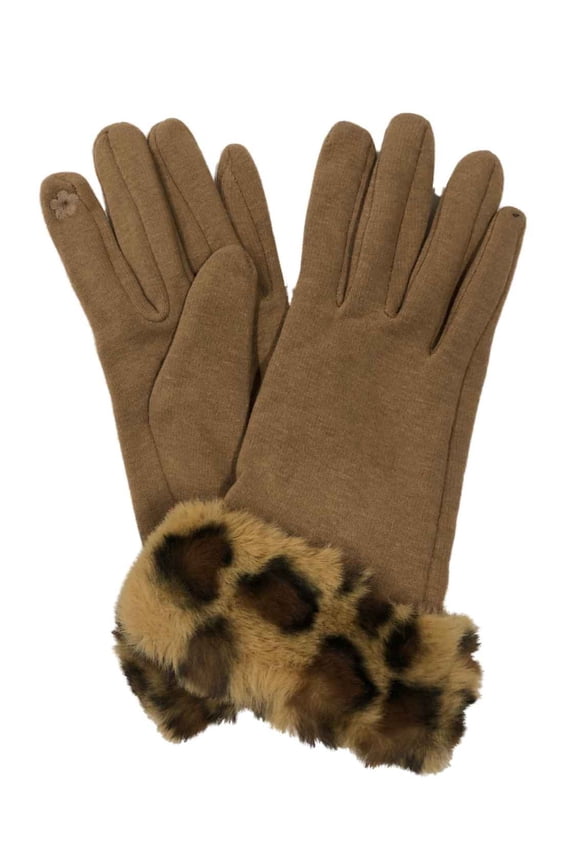 Womens Tan & Faux Fur Leopard Print Stretch Fit Text & Tech Touchscreen Gloves