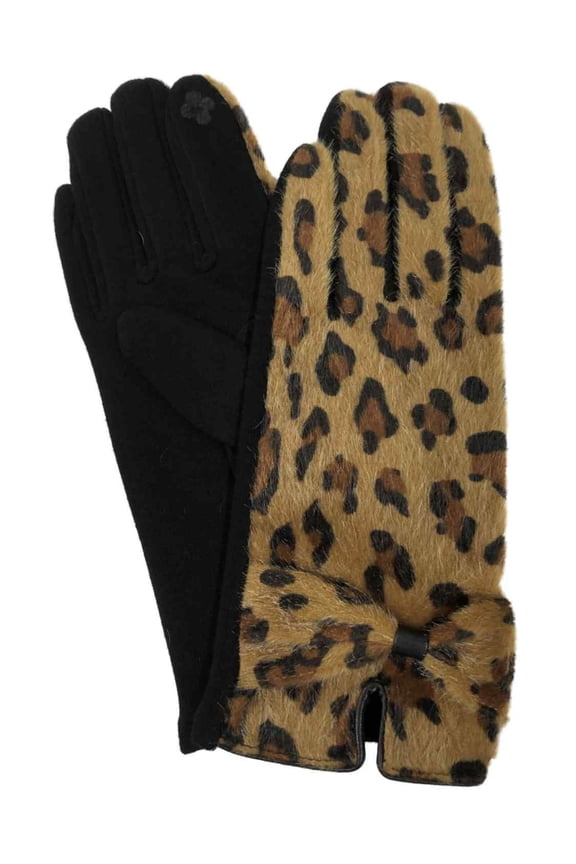 Womens Tan Leopard Print Faux Fur Stretch Fit Text & Tech Touchscreen Gloves