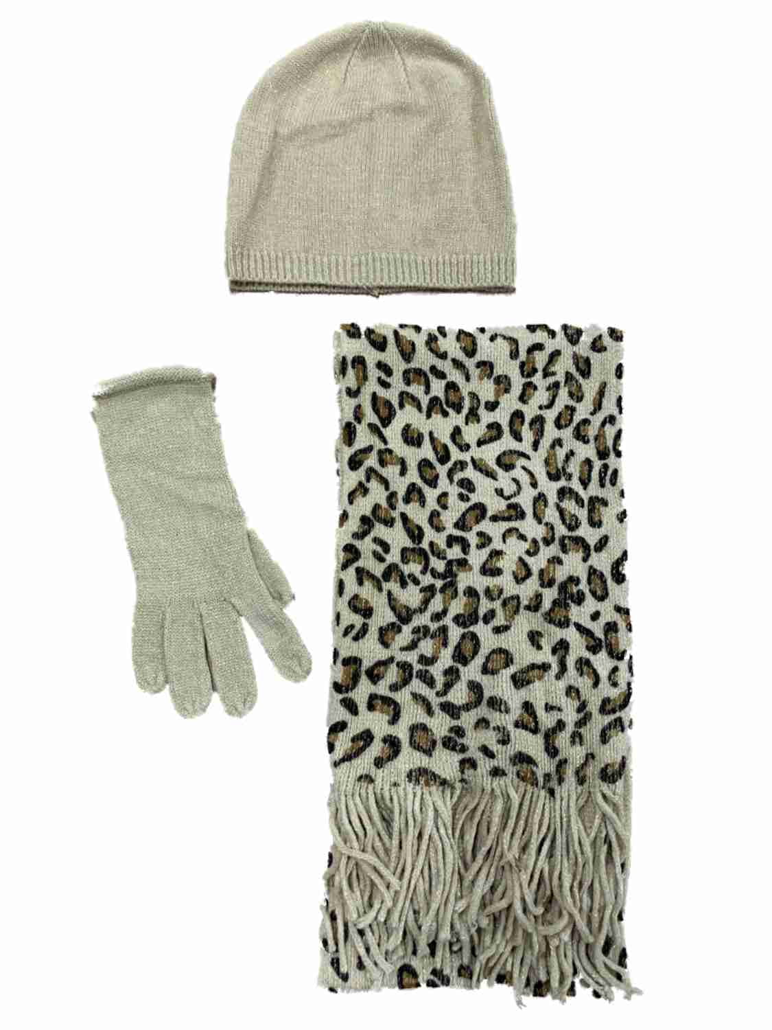 Womens Tan Leopard Sparkle 3 PC Set Scarf Glove Beanie Hat  display picture 2