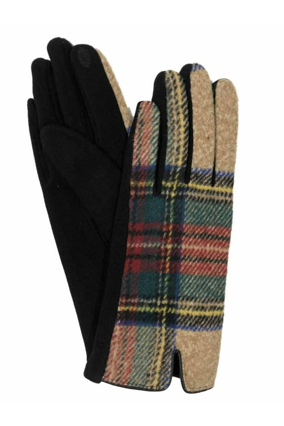 Womens Tan Red & Green Plaid Stretch Fit Texting & Tech Touchscreen Gloves