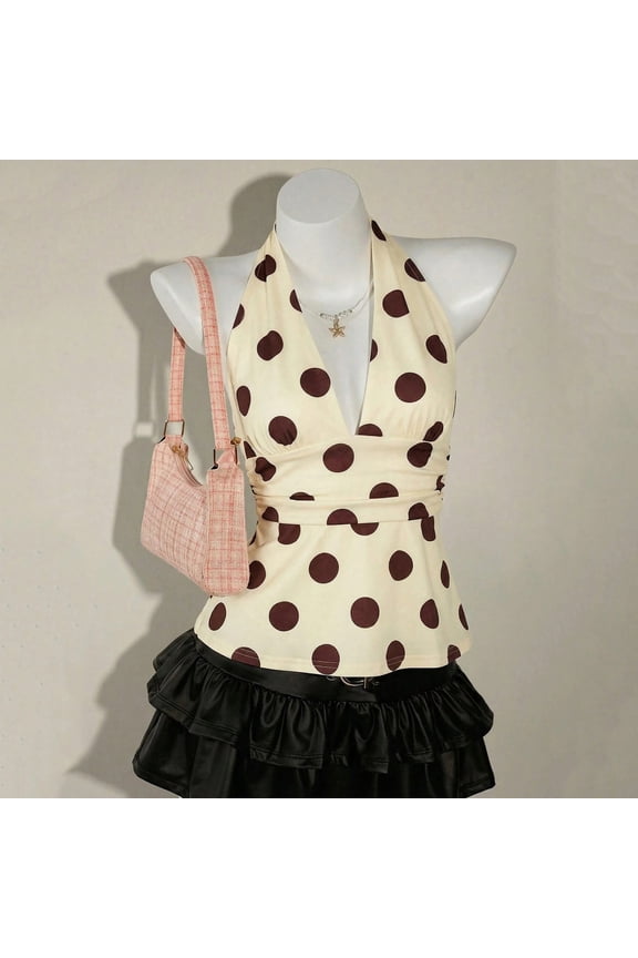Womens Tank Halter Backless Ruched Waist Defining Polka Dot Womens Cami Beige M