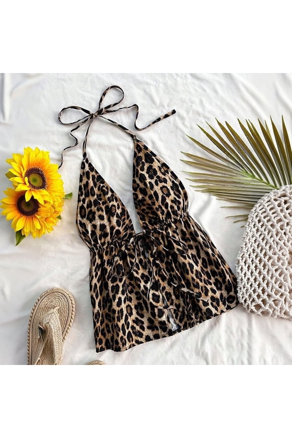 Womens Tank Leopard Print Backless Sling Deep V Neck Top Comfortable Womens Cami Coffee M