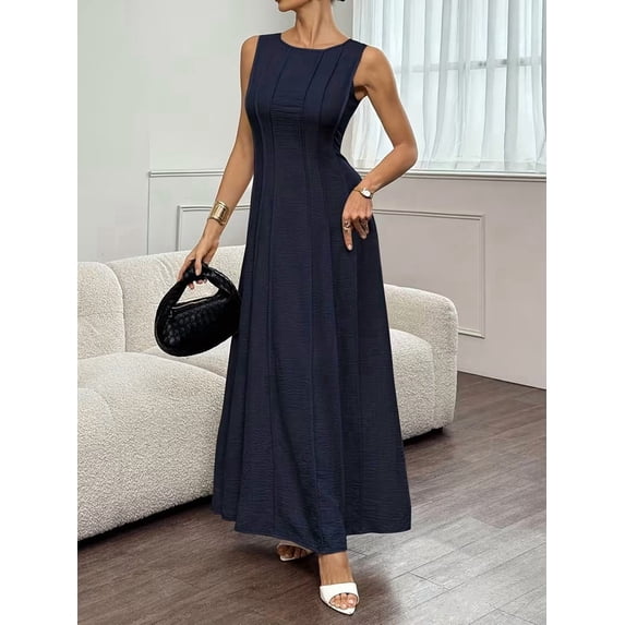 Womens Tank Maxi Dress Sleeveless Crew Neck Summer Folds Dresses Formal A Line Modest Party Dress Navy Blue XXL