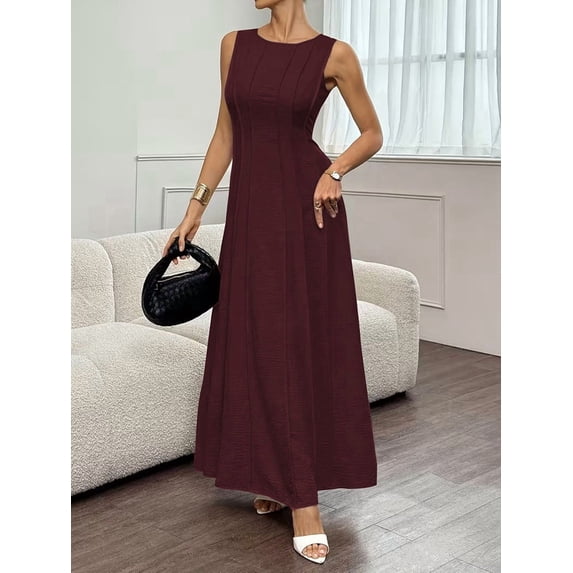 Womens Tank Maxi Dress Sleeveless Crew Neck Summer Folds Dresses Formal A Line Modest Party Dress Wine Red L
