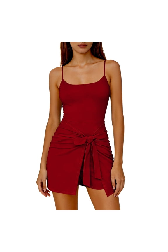 Womens Tank Romper Skort Spaghetti Strap U Neck Athletic Mini Dress with Built in Shorts Tie Front Skirt Summer Workout Dresses