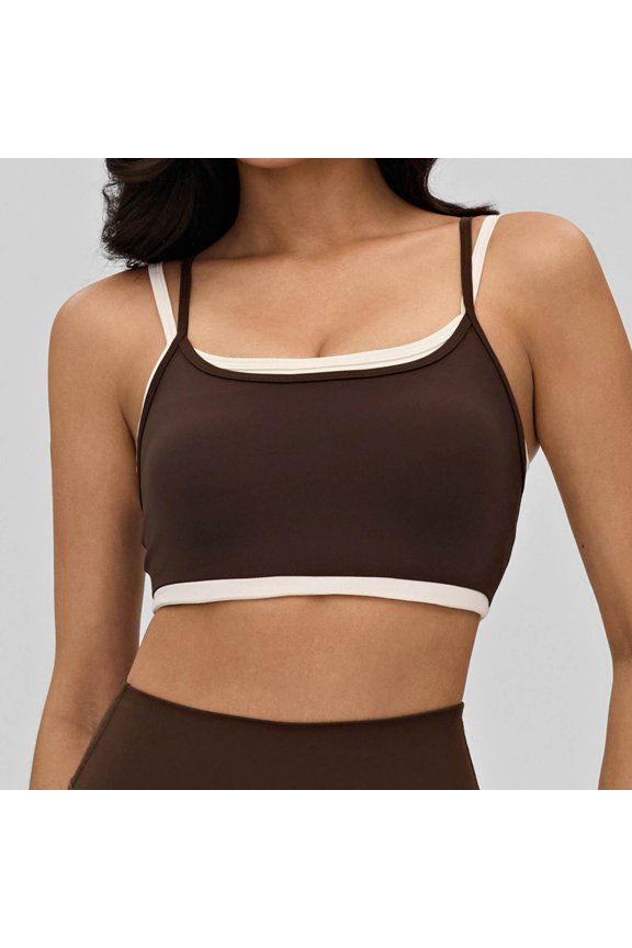 Womens Tank Solid Color Square Neck Delicate Straps Built In Padded Double Strap Contrast Binding Top Womens Cami Coffee L