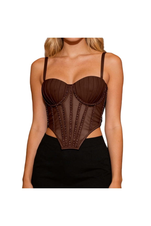 Womens Tank Solid V Neck Mesh Camisole with Built in Bra Shining Rhinestone Detachable Straps Bustier Coffee 34