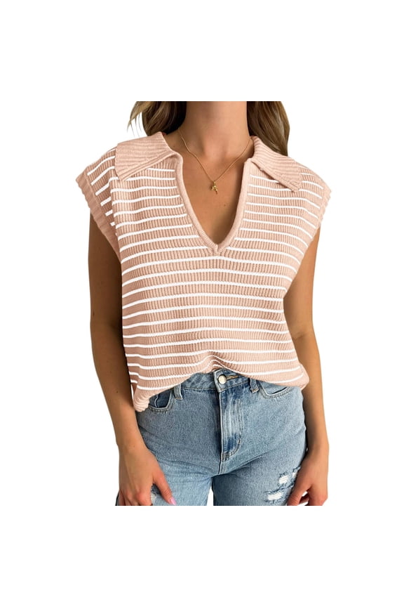 Womens Tank Striped V Neck Cap Sleeve Knit Sleeveless Top Comfortable Womens Cami Khaki M