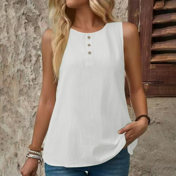 Womens Tank Top $4.98 Plus Size Cotton Linen Solid Color Round Neck Button Sleeveless T-shirt White M