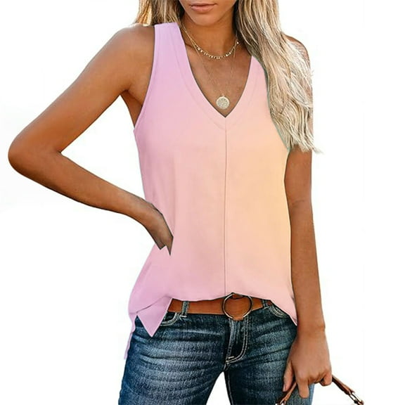 Womens Tank Top $4.98 Plus Size Gradient V-neck Sleeveless Loose Casual Side Slit Casual Top Pink M