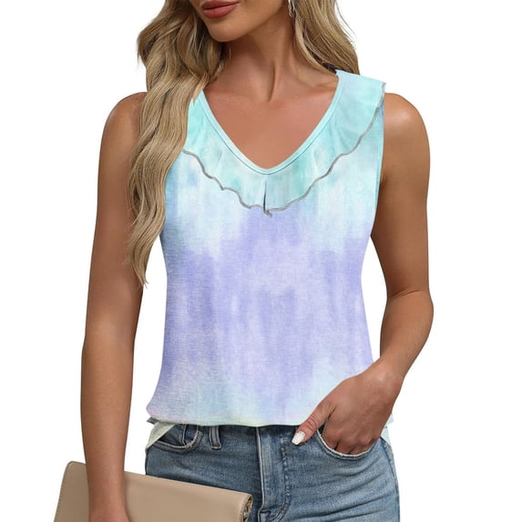 Womens Tank Top $4.98 Plus Size Clearance Sleeveless Gradient Ruffles V-neck Casual Shirt Mint Green M