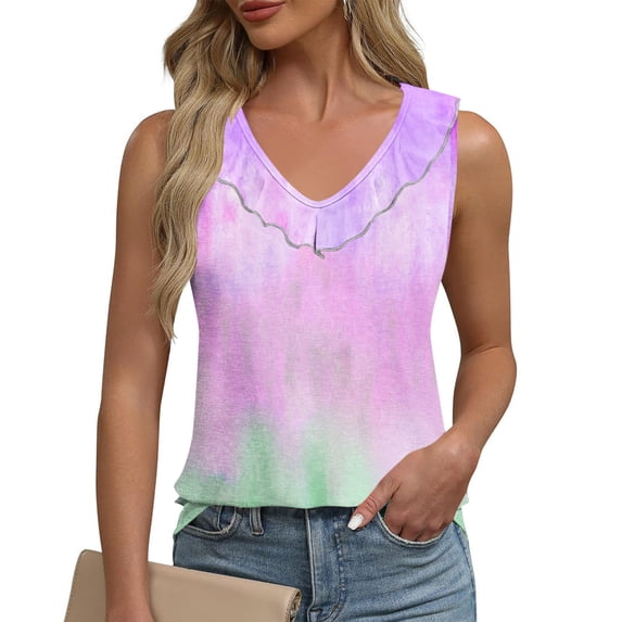Womens Tank Top $4.98 Plus Size Clearance Sleeveless Gradient Ruffles V-neck Casual Shirt Purple M
