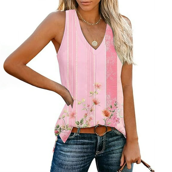 Womens Tank Top $4.98 Plus Size Sleeveless Printed V-neck Pullover Side Slit Loose Casual Top Multicolor M