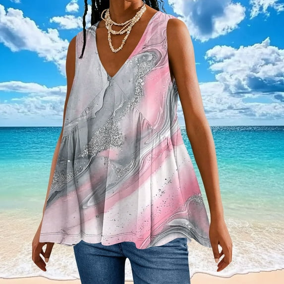 Womens Tank Top $4.98 Plus Size Sleeveless V-Neck Casual Printed T-shirt Blouse Pink M